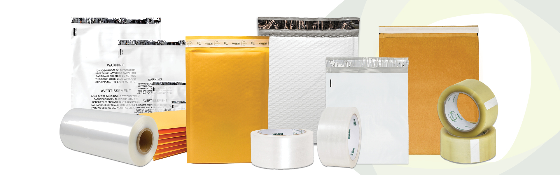 Shows a variety of products offered by Impackt Packaging Solutions including: mailers, tape, bags and wrap